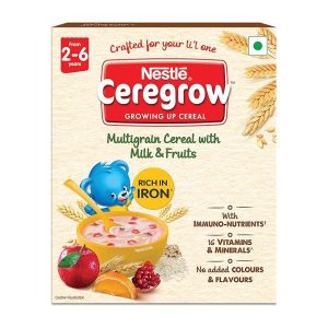 NESTLÉ CEREGROW Kids Cereal-Multigrain,Milk &Fruits|Rich in Iron, Calcium & Protein|Nutrient-Rich Tasty Breakfast |NO Added Colors or Flavors|16 Nutrients for Growth |300g
